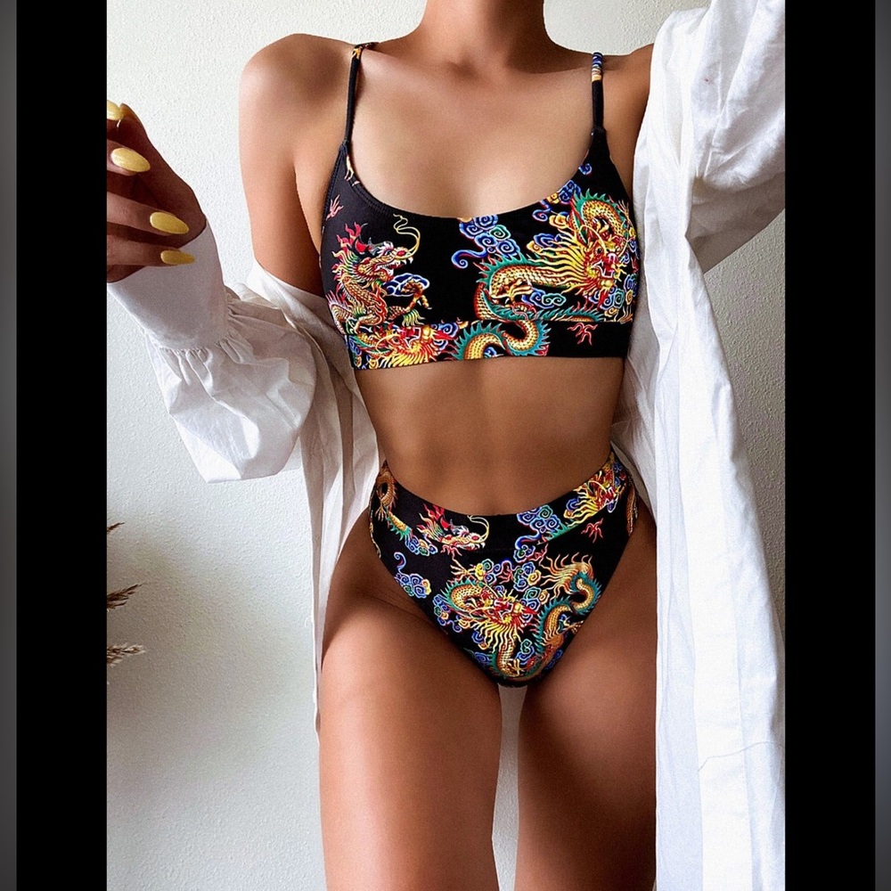 SweatyRock’s Women’s Dragon Print Swimwear Set High Waisted Bikini Set, Medium